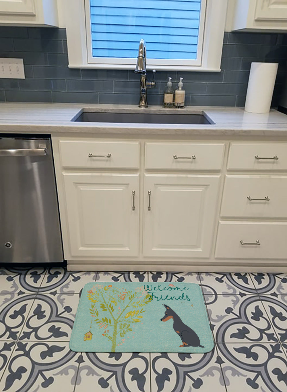 Welcome Friends Doberman Pinscher Memory Foam Kitchen Mat Machine Washable Anti-Fatigue Cushion Comfort Bath or Kitchen Rug