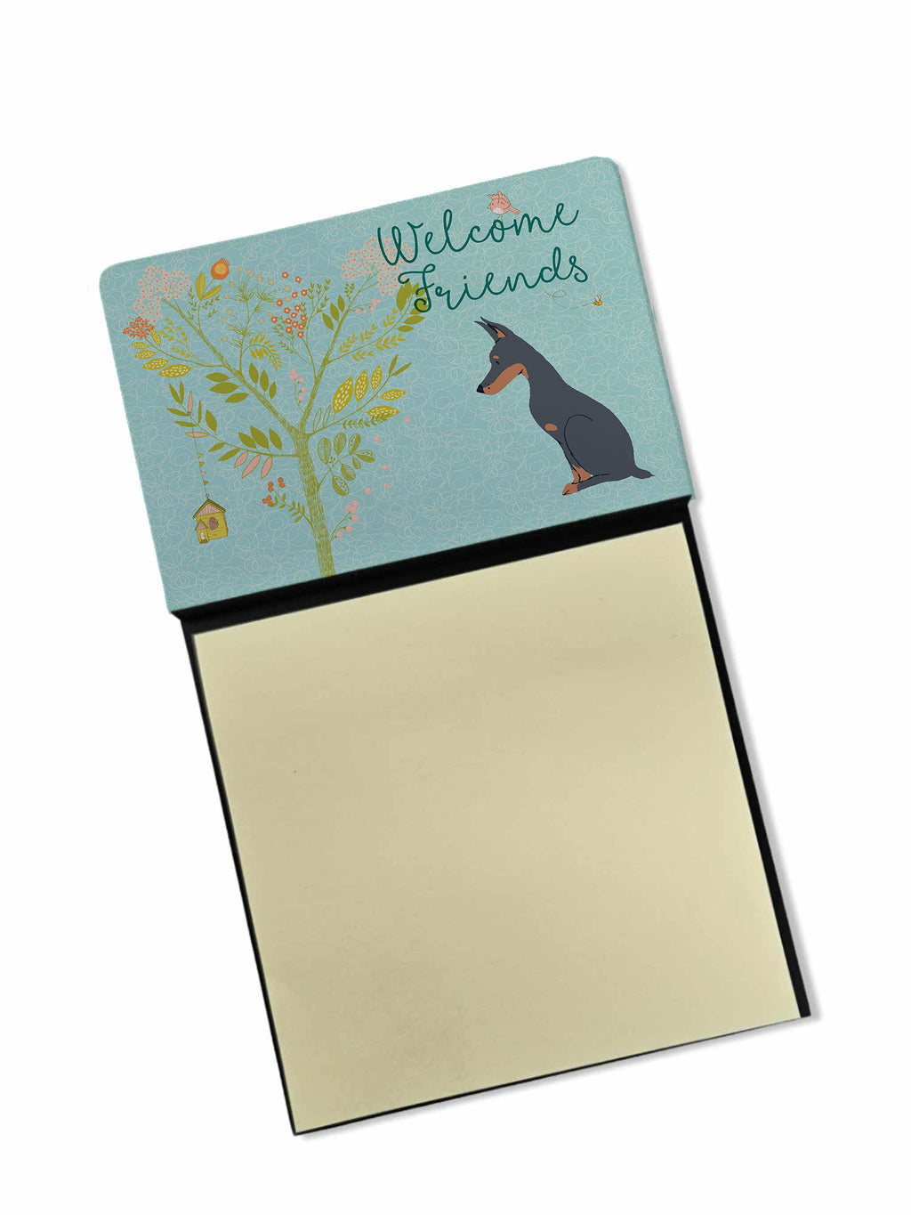 Welcome Friends Doberman Pinscher Watercolor Sticky Note Holder Refillable Dispenser Desk Accessory 3x3 Pad Gift