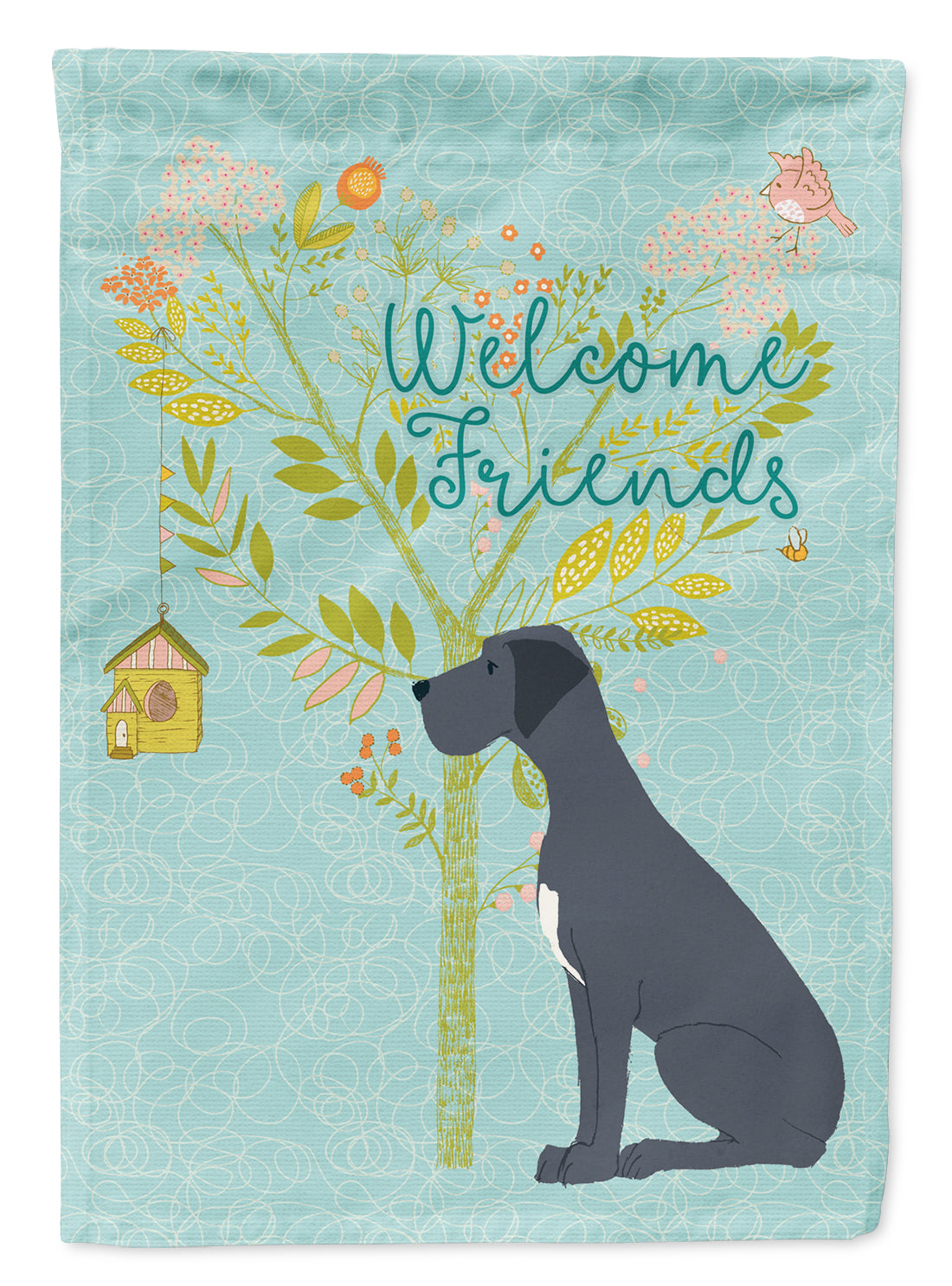 Welcome Friends Black Great Dane House Flag 28x40 Porch Sleeve Pole Decorative Outside Yard Banner Artwork Wall Hanging, Polyester