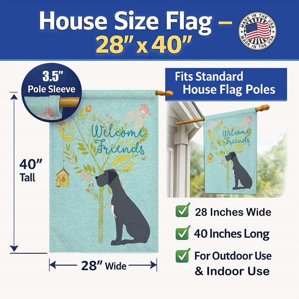 Welcome Friends Black Great Dane House Flag 28x40 Porch Sleeve Pole Decorative Outside Yard Banner Artwork Wall Hanging, Polyester