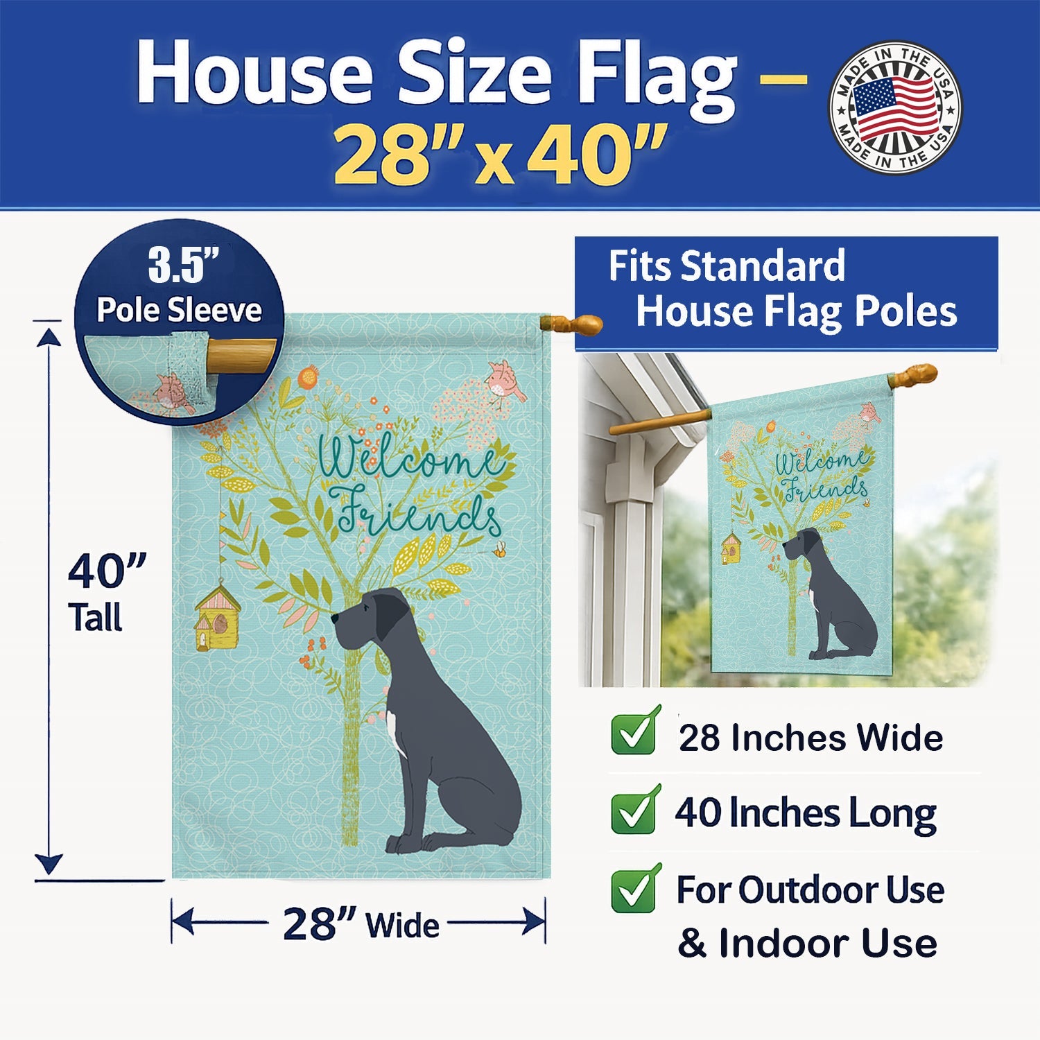 Welcome Friends Black Great Dane House Flag 28x40 Porch Sleeve Pole Decorative Outside Yard Banner Artwork Wall Hanging, Polyester