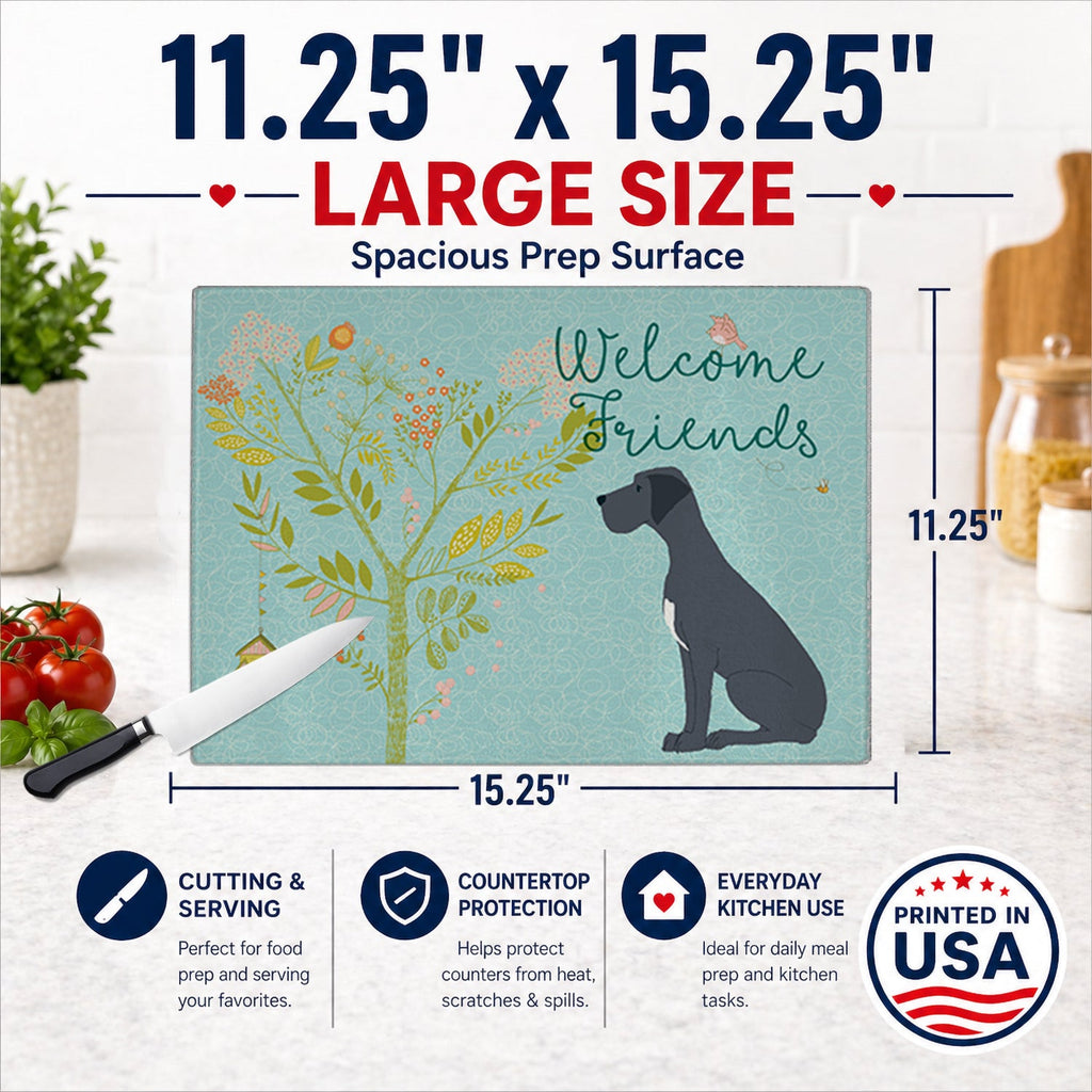 Welcome Friends Black Great Dane Cutting Board Tempered Glass Kitchen Cutting Surface, Heat Resistant Chopping, Non-Slip Feet, Food Prep & Serving