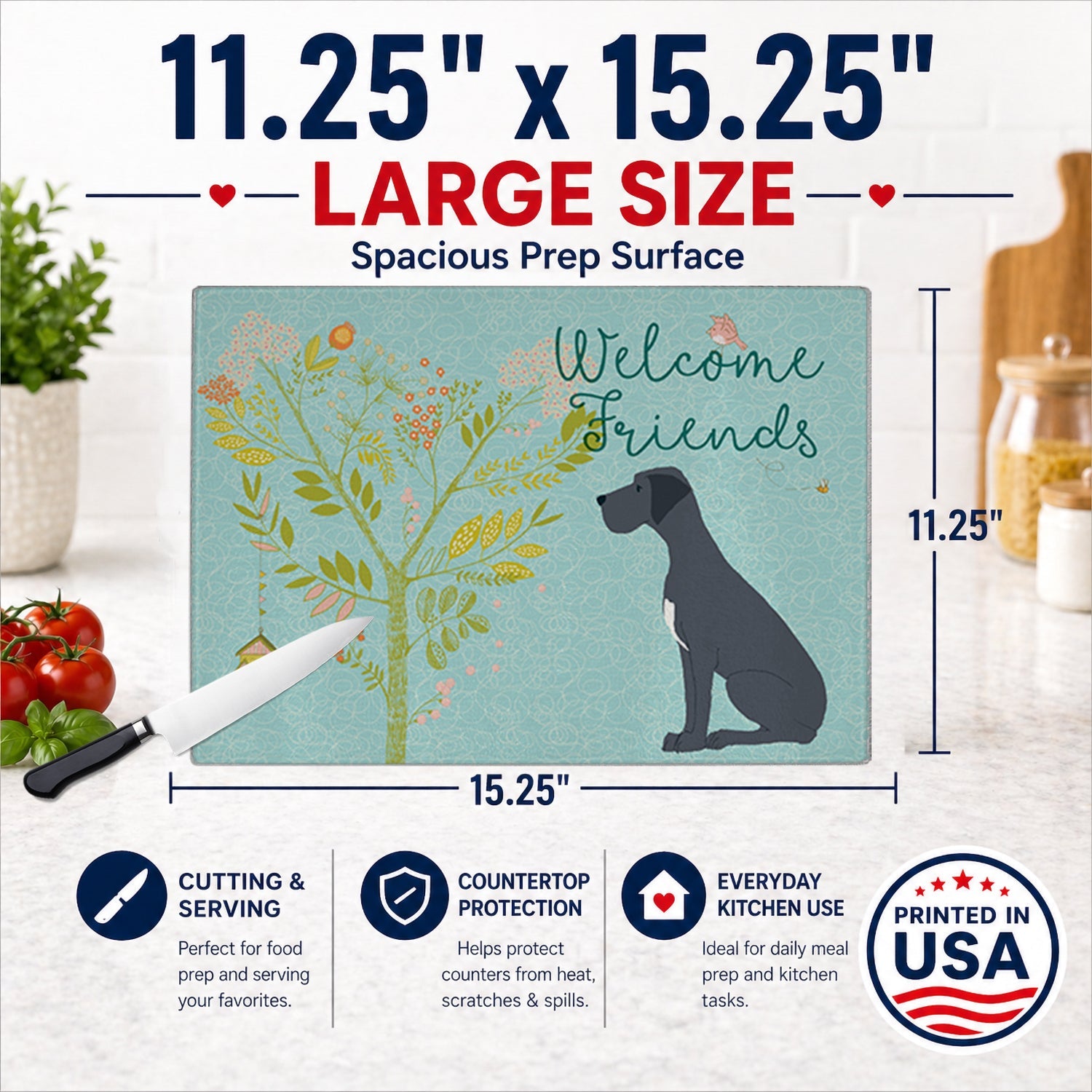 Welcome Friends Black Great Dane Cutting Board Tempered Glass Kitchen Cutting Surface, Heat Resistant Chopping, Non-Slip Feet, Food Prep & Serving