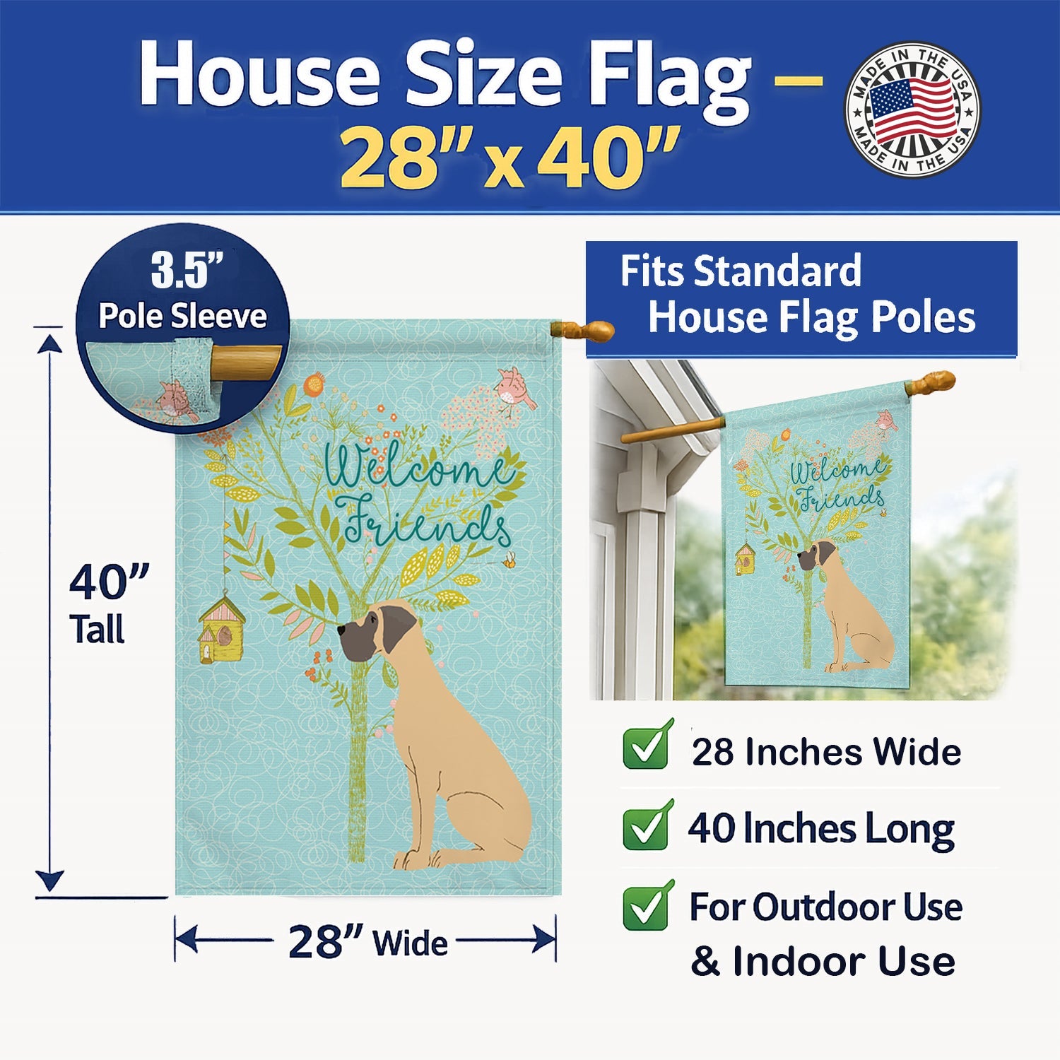 Welcome Friends Fawn Great Dane Natural Ears House Flag 28x40 Porch Sleeve Pole Decorative Outside Yard Banner Artwork Wall Hanging, Polyester