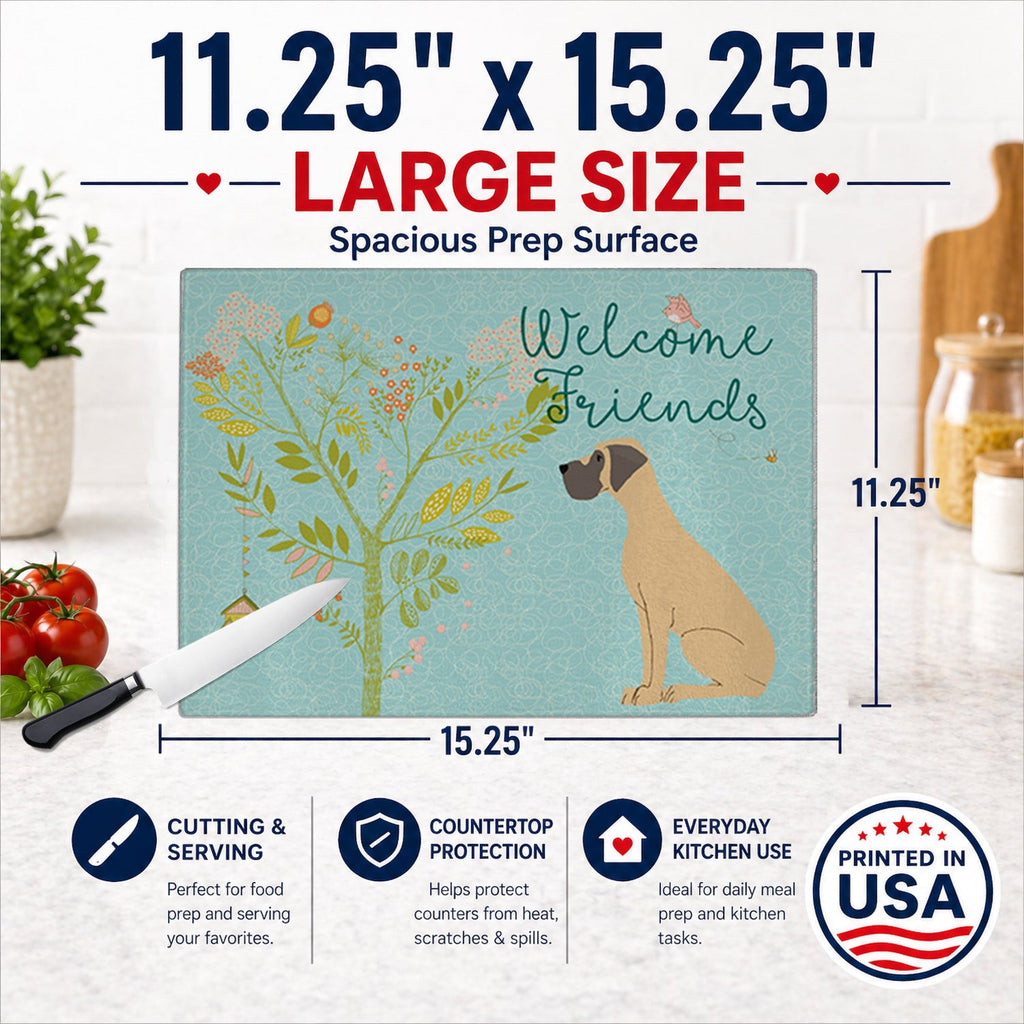 Welcome Friends Fawn Great Dane Natural Ears Cutting Board Tempered Glass Kitchen Cutting Surface, Heat Resistant Chopping, Non-Slip Feet, Food Prep & Serving