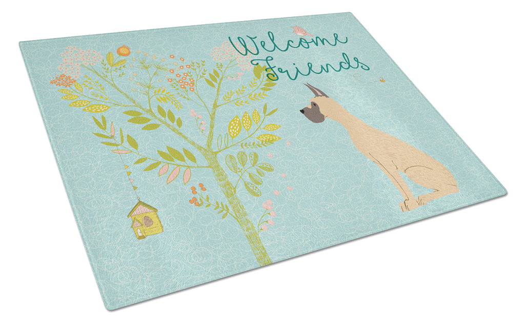 Welcome Friends Fawn Great Dane Cropped Ears Cutting Board Tempered Glass Kitchen Cutting Surface, Heat Resistant Chopping, Non-Slip Feet, Food Prep & Serving
