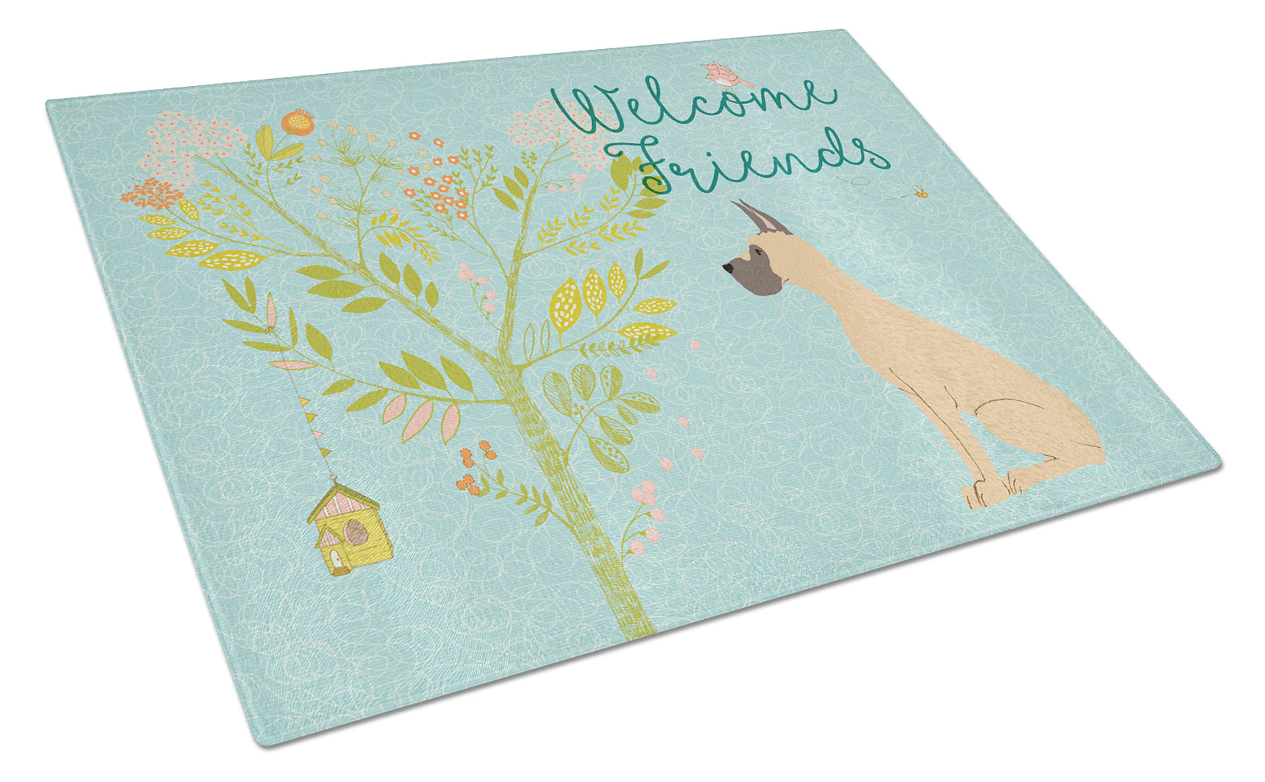 Welcome Friends Fawn Great Dane Cropped Ears Cutting Board Tempered Glass Kitchen Cutting Surface, Heat Resistant Chopping, Non-Slip Feet, Food Prep & Serving
