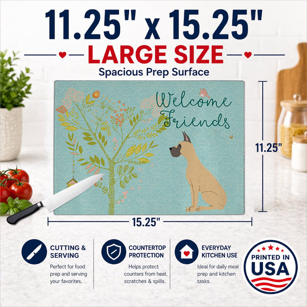 Welcome Friends Fawn Great Dane Cropped Ears Cutting Board Tempered Glass Kitchen Cutting Surface, Heat Resistant Chopping, Non-Slip Feet, Food Prep & Serving