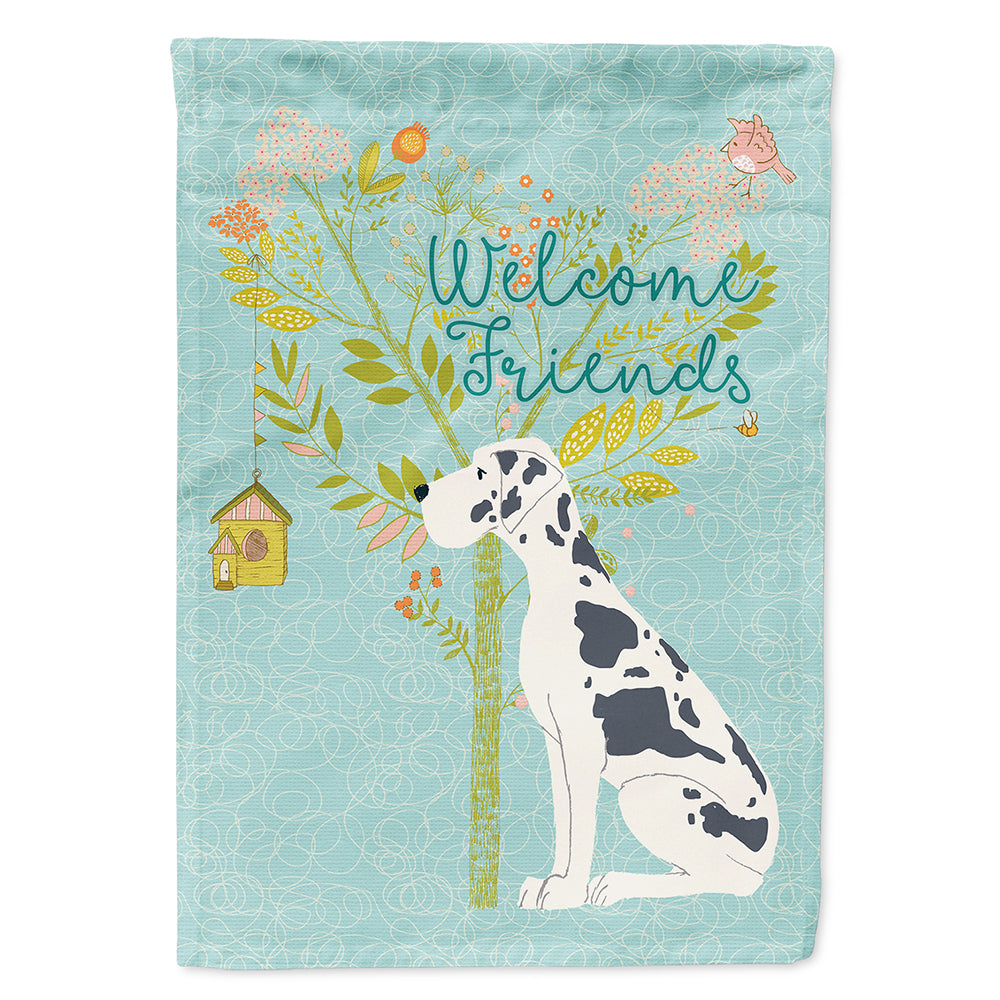 Welcome Friends Harlequin Great Dane House Flag 28x40 Porch Sleeve Pole Decorative Outside Yard Banner Artwork Wall Hanging, Polyester