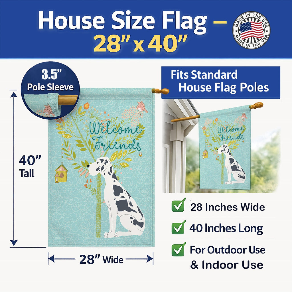 Welcome Friends Harlequin Great Dane House Flag 28x40 Porch Sleeve Pole Decorative Outside Yard Banner Artwork Wall Hanging, Polyester