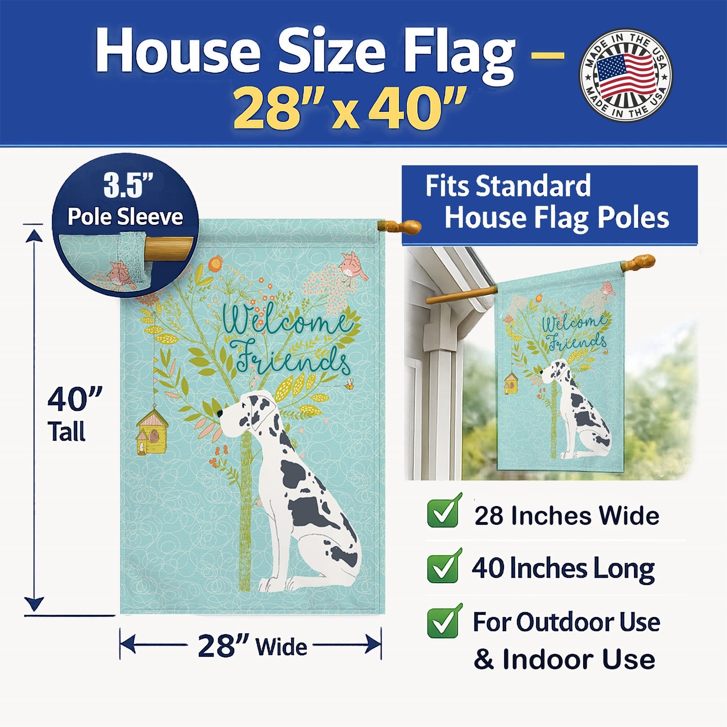 Welcome Friends Harlequin Great Dane House Flag 28x40 Porch Sleeve Pole Decorative Outside Yard Banner Artwork Wall Hanging, Polyester