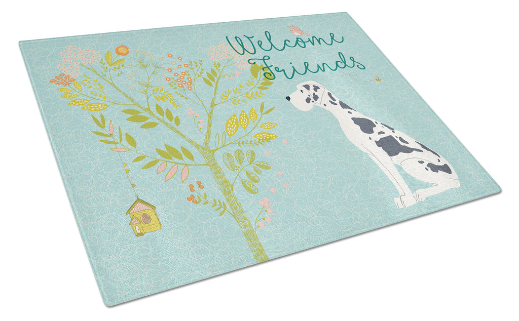 Welcome Friends Harlequin Great Dane Cutting Board Tempered Glass Kitchen Cutting Surface, Heat Resistant Chopping, Non-Slip Feet, Food Prep & Serving