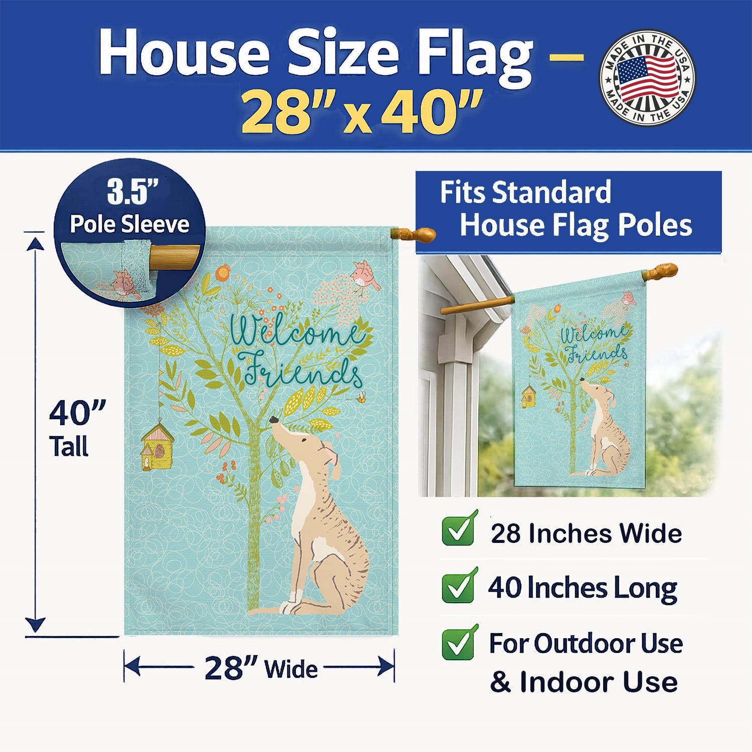 Welcome Friends Brindle Greyhound House Flag 28x40 Porch Sleeve Pole Decorative Outside Yard Banner Artwork Wall Hanging, Polyester