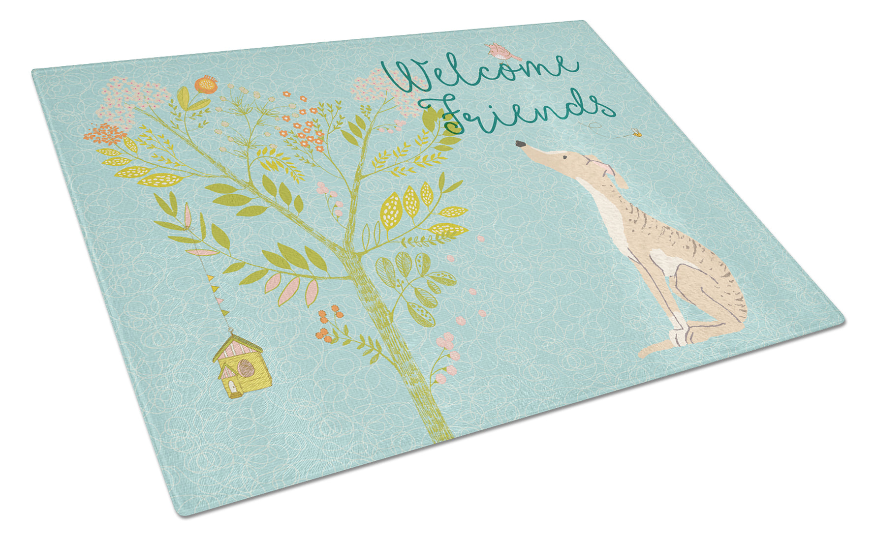 Welcome Friends Brindle Greyhound Cutting Board Tempered Glass Kitchen Cutting Surface, Heat Resistant Chopping, Non-Slip Feet, Food Prep & Serving