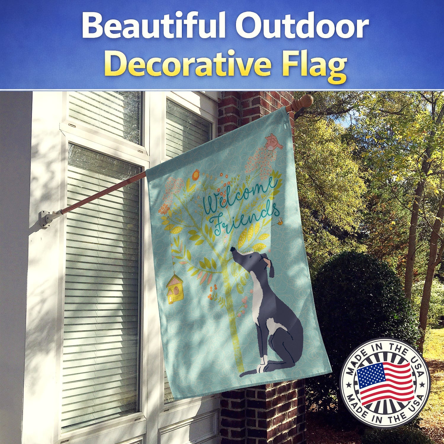 Welcome Friends Black White Greyhound House Flag 28x40 Porch Sleeve Pole Decorative Outside Yard Banner Artwork Wall Hanging, Polyester