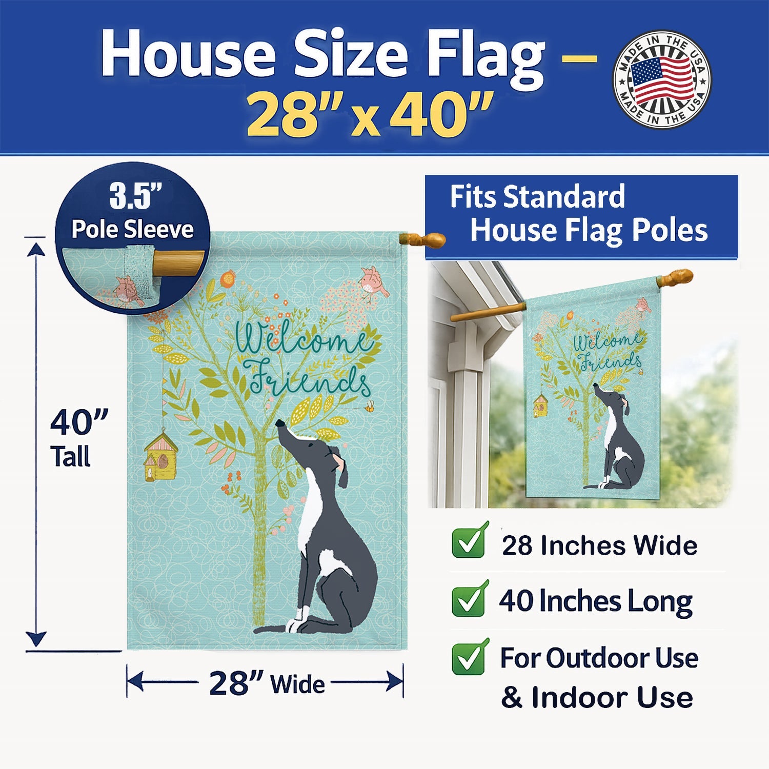 Welcome Friends Black White Greyhound House Flag 28x40 Porch Sleeve Pole Decorative Outside Yard Banner Artwork Wall Hanging, Polyester