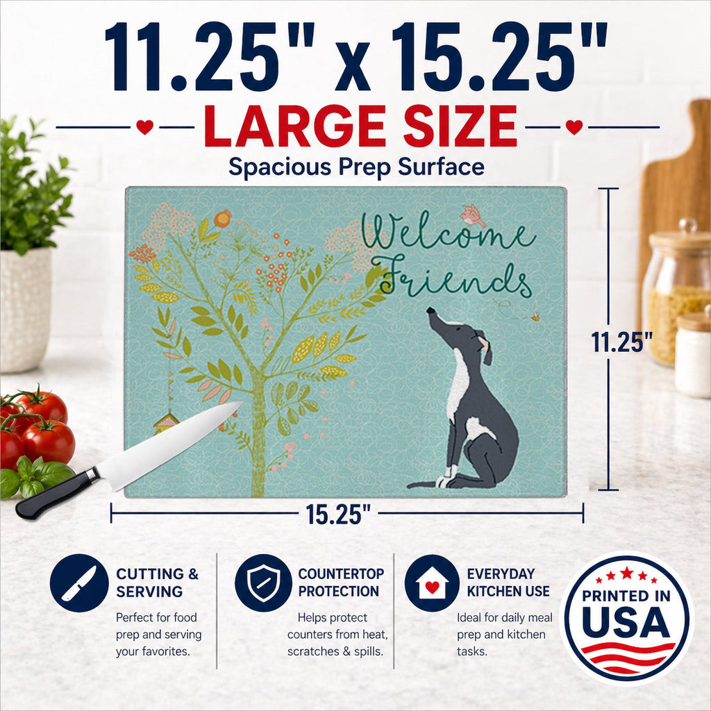 Welcome Friends Black White Greyhound Cutting Board Tempered Glass Kitchen Cutting Surface, Heat Resistant Chopping, Non-Slip Feet, Food Prep & Serving