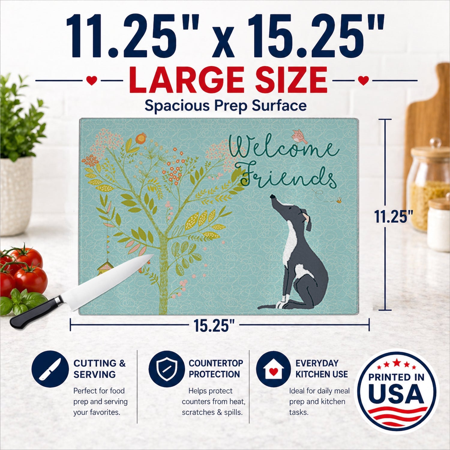 Welcome Friends Black White Greyhound Cutting Board Tempered Glass Kitchen Cutting Surface, Heat Resistant Chopping, Non-Slip Feet, Food Prep & Serving