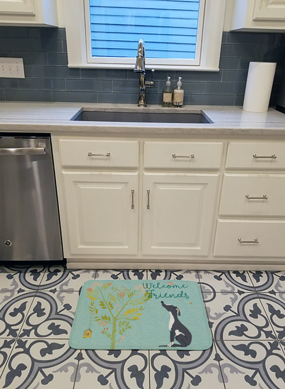 Welcome Friends Black White Greyhound Memory Foam Kitchen Mat Machine Washable Anti-Fatigue Cushion Comfort Bath or Kitchen Rug