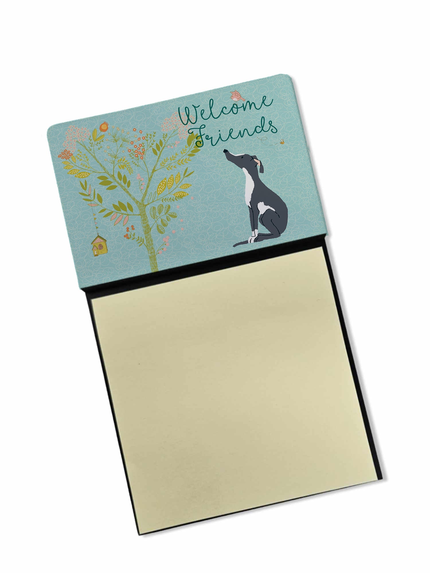 Welcome Friends Black White Greyhound Watercolor Sticky Note Holder Refillable Dispenser Desk Accessory 3x3 Pad Gift