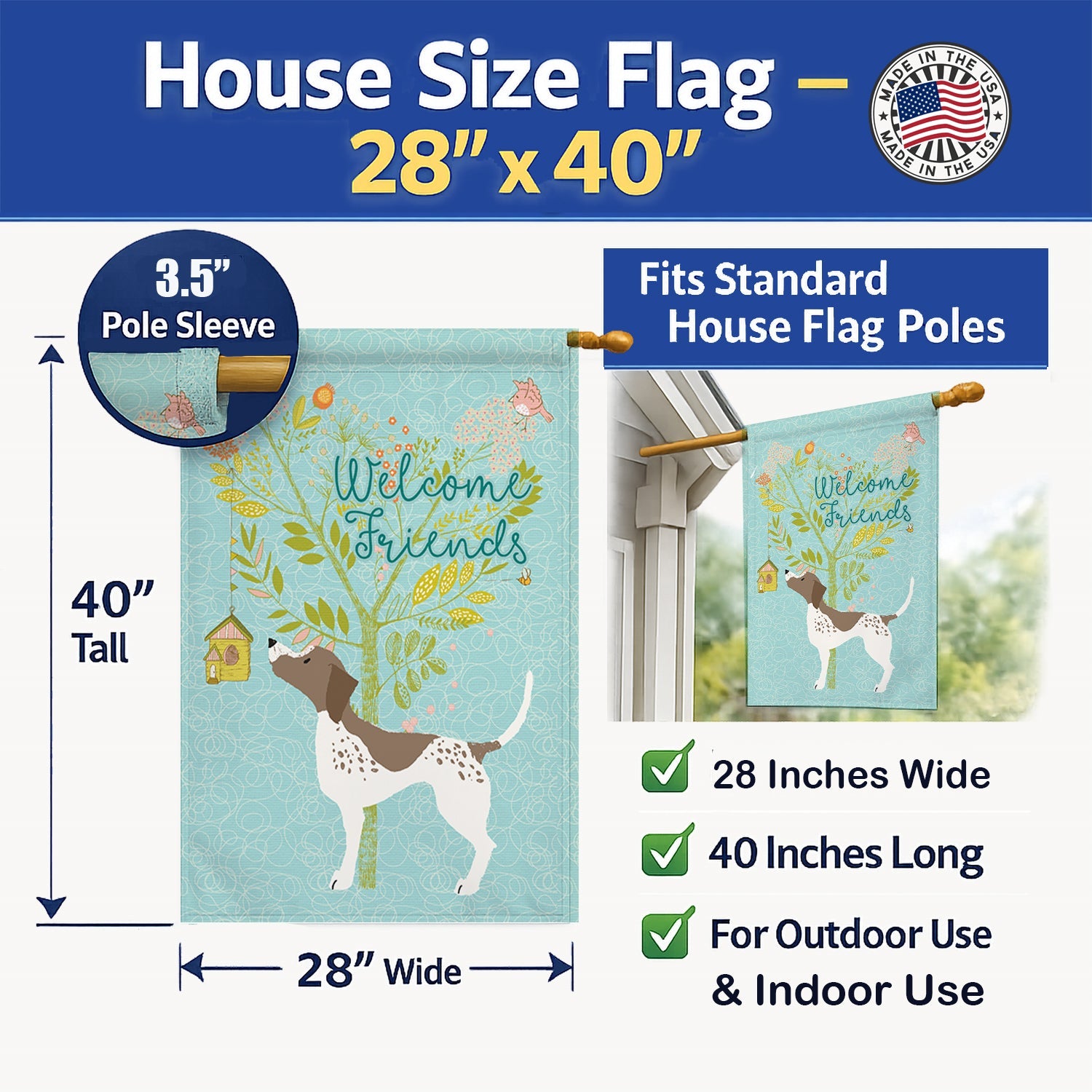 Welcome Friends Gun Dog House Flag 28x40 Porch Sleeve Pole Decorative Outside Yard Banner Artwork Wall Hanging, Polyester