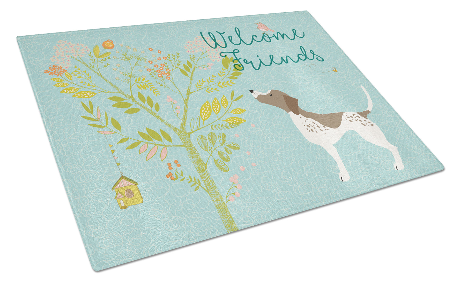 Welcome Friends Gun Dog Cutting Board Tempered Glass Kitchen Cutting Surface, Heat Resistant Chopping, Non-Slip Feet, Food Prep & Serving