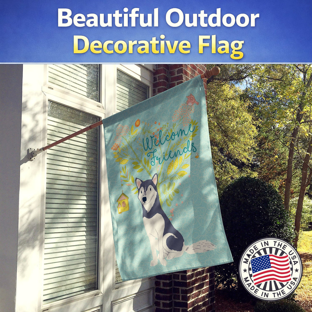 Welcome Friends Siberian Husky House Flag 28x40 Porch Sleeve Pole Decorative Outside Yard Banner Artwork Wall Hanging, Polyester