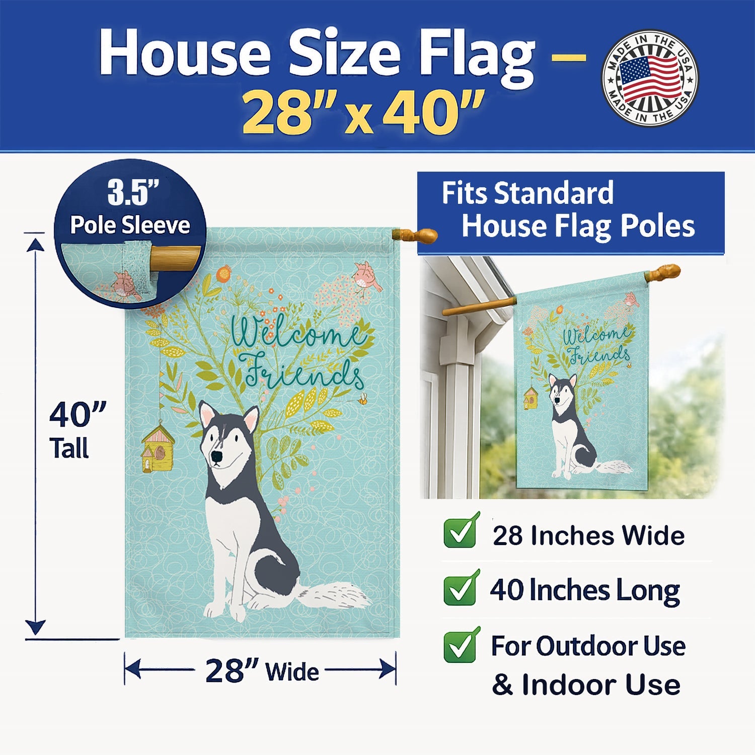 Welcome Friends Siberian Husky House Flag 28x40 Porch Sleeve Pole Decorative Outside Yard Banner Artwork Wall Hanging, Polyester