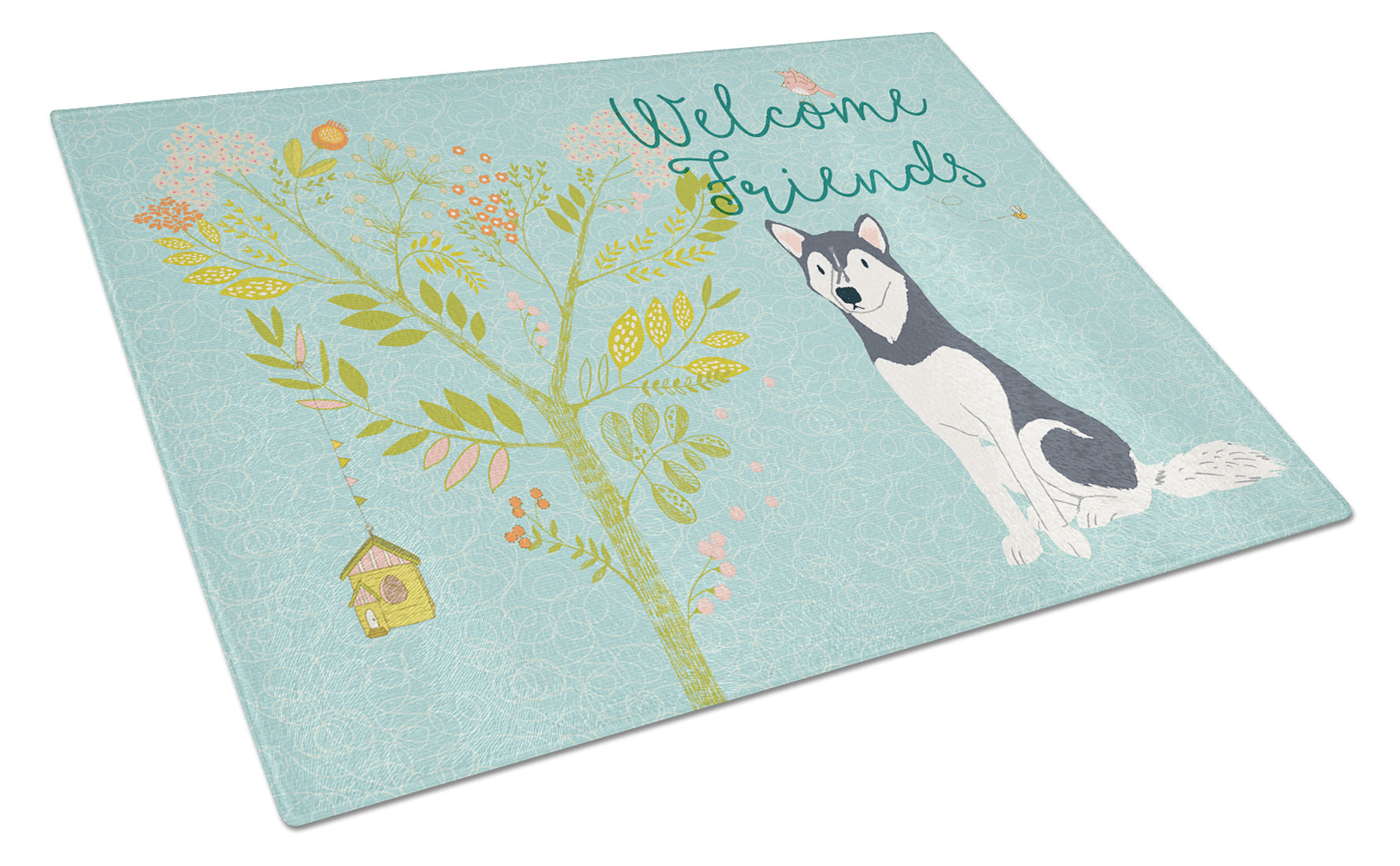 Welcome Friends Siberian Husky Cutting Board Tempered Glass Kitchen Cutting Surface, Heat Resistant Chopping, Non-Slip Feet, Food Prep & Serving