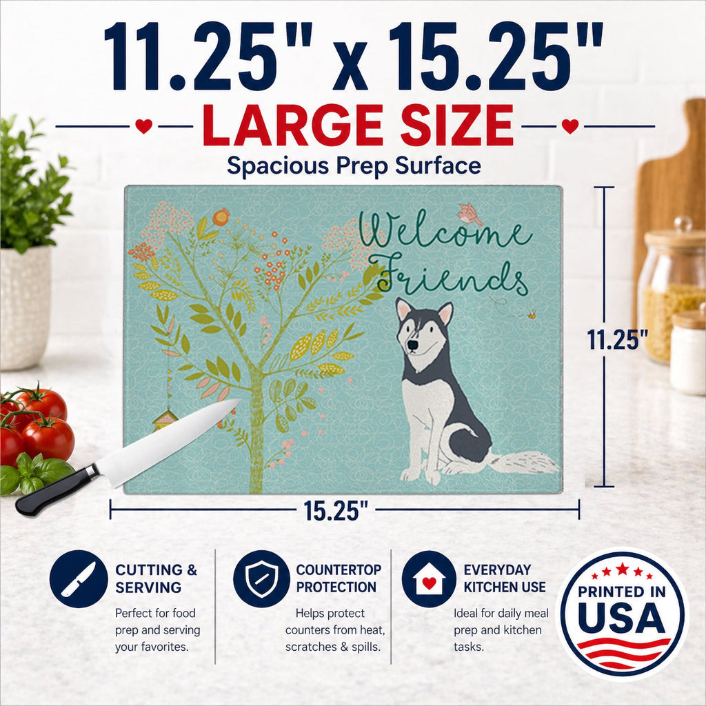 Welcome Friends Siberian Husky Cutting Board Tempered Glass Kitchen Cutting Surface, Heat Resistant Chopping, Non-Slip Feet, Food Prep & Serving