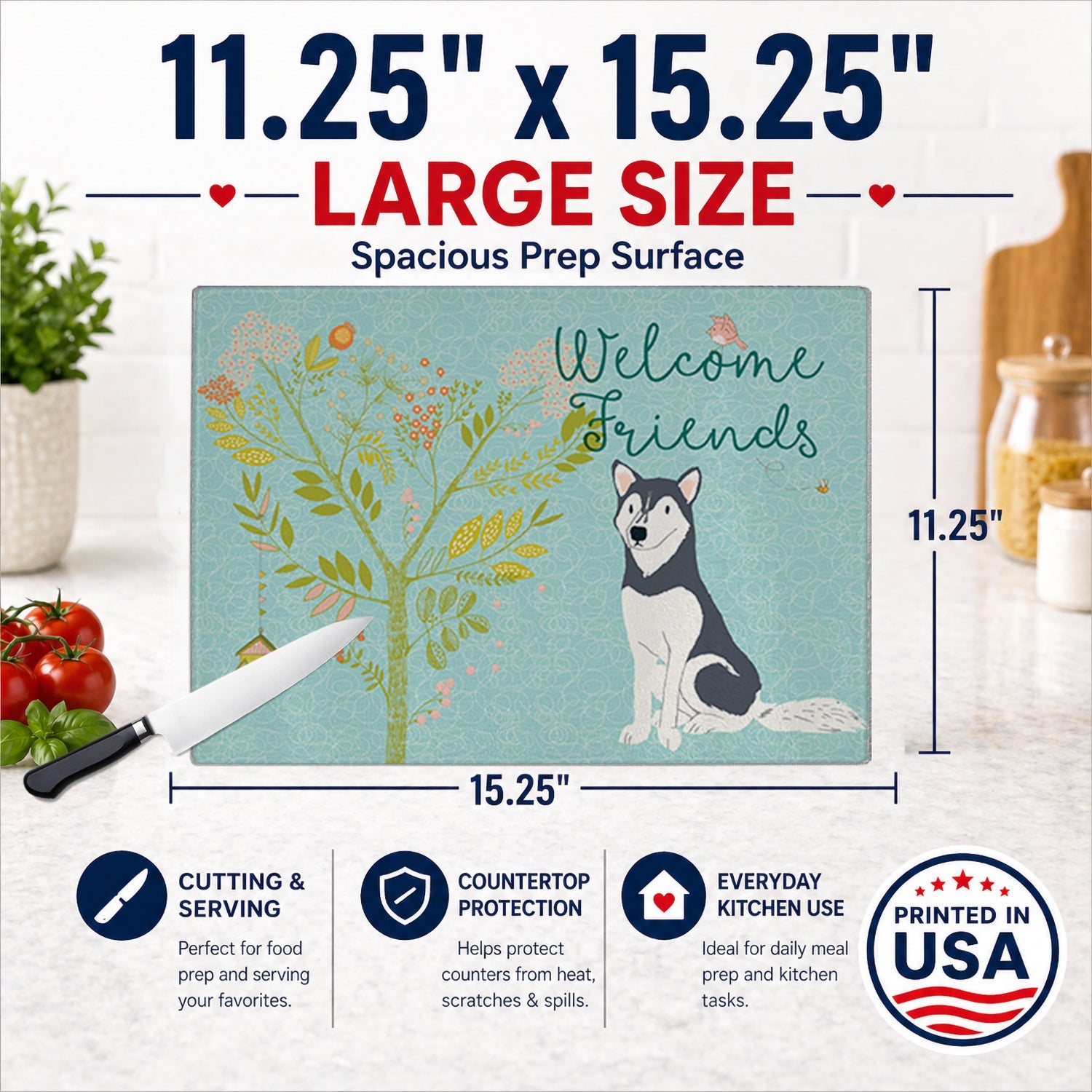 Welcome Friends Siberian Husky Cutting Board Tempered Glass Kitchen Cutting Surface, Heat Resistant Chopping, Non-Slip Feet, Food Prep & Serving