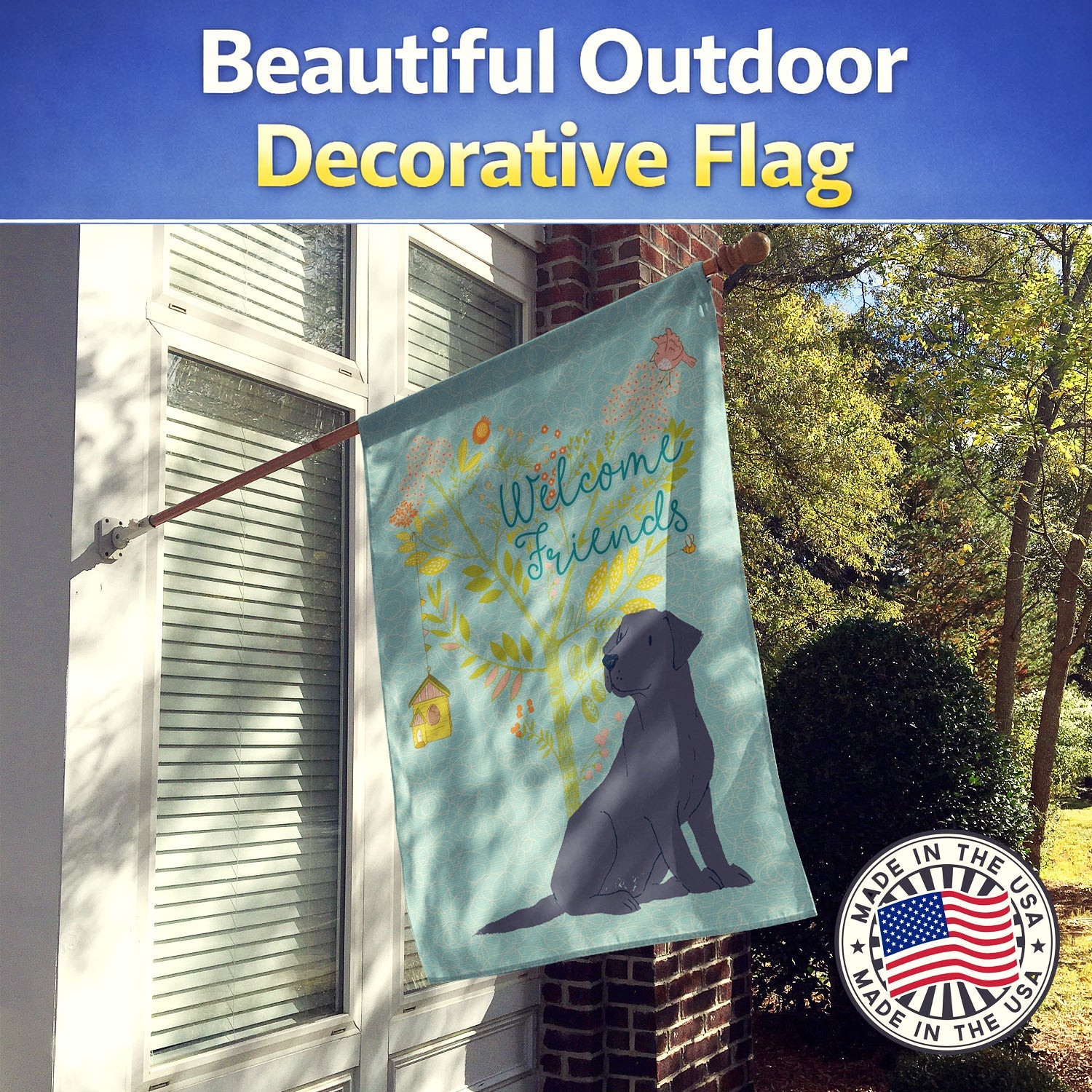 Welcome Friends Black Labrador Retriever House Flag 28x40 Porch Sleeve Pole Decorative Outside Yard Banner Artwork Wall Hanging, Polyester