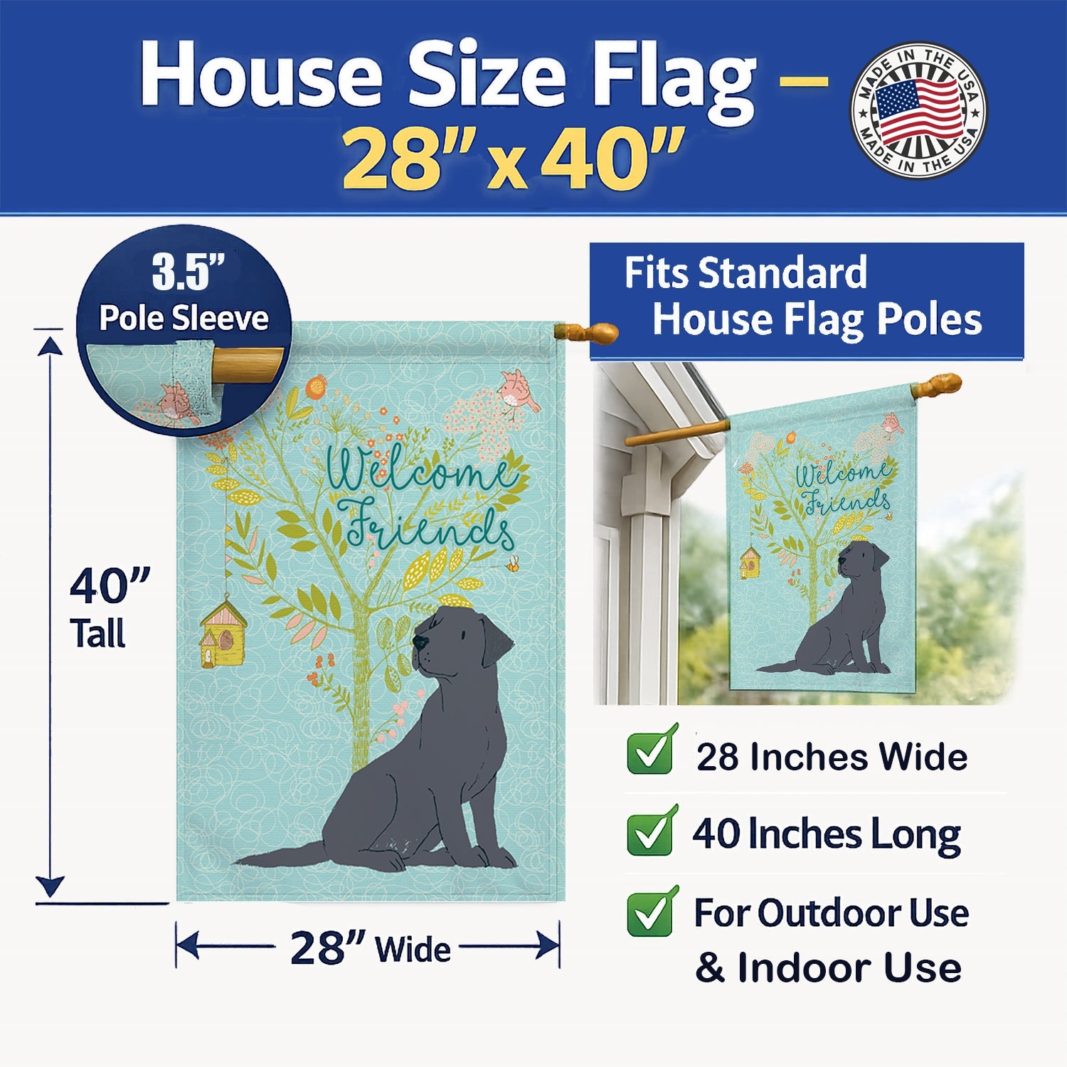 Welcome Friends Black Labrador Retriever House Flag 28x40 Porch Sleeve Pole Decorative Outside Yard Banner Artwork Wall Hanging, Polyester