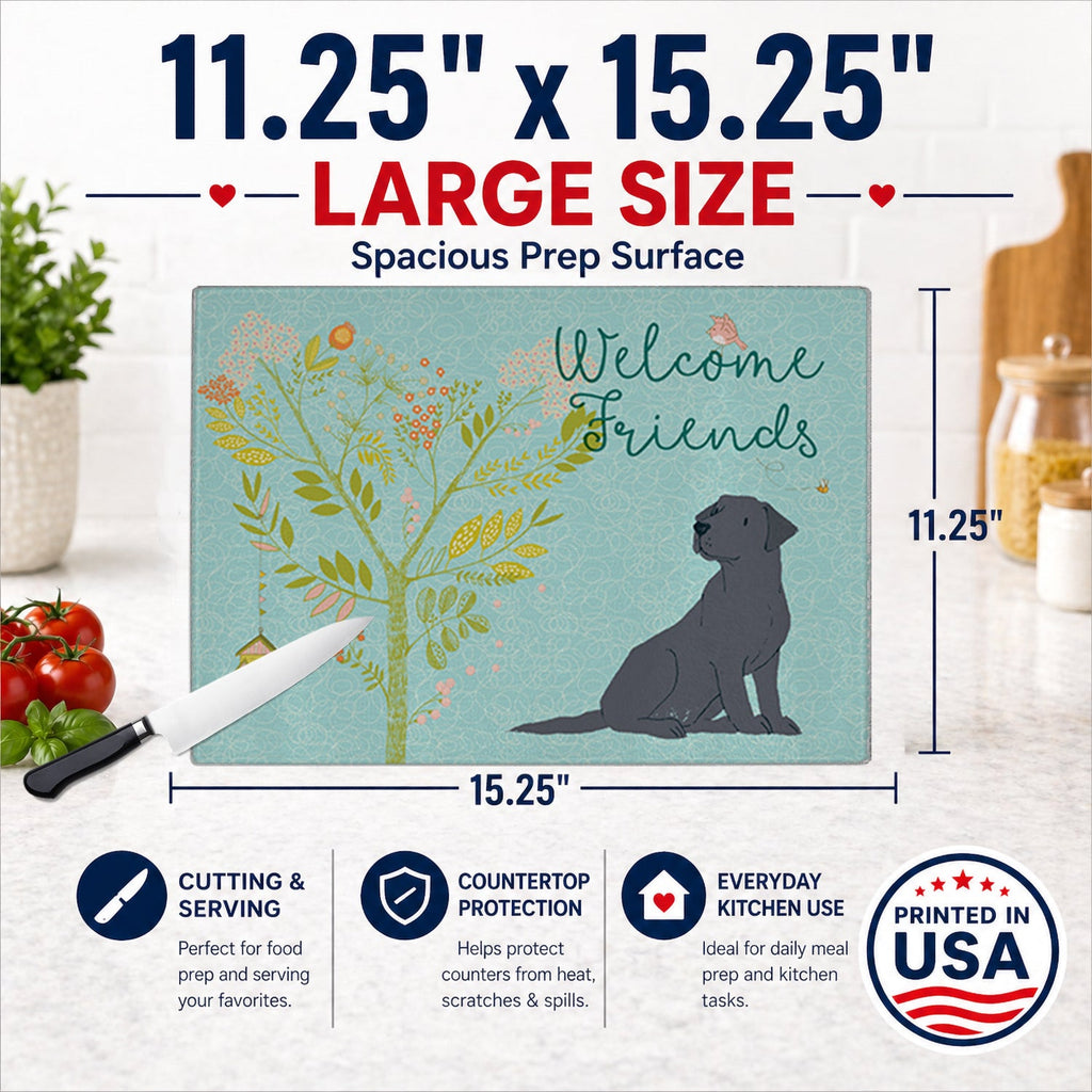 Welcome Friends Black Labrador Retriever Cutting Board Tempered Glass Kitchen Cutting Surface, Heat Resistant Chopping, Non-Slip Feet, Food Prep & Serving