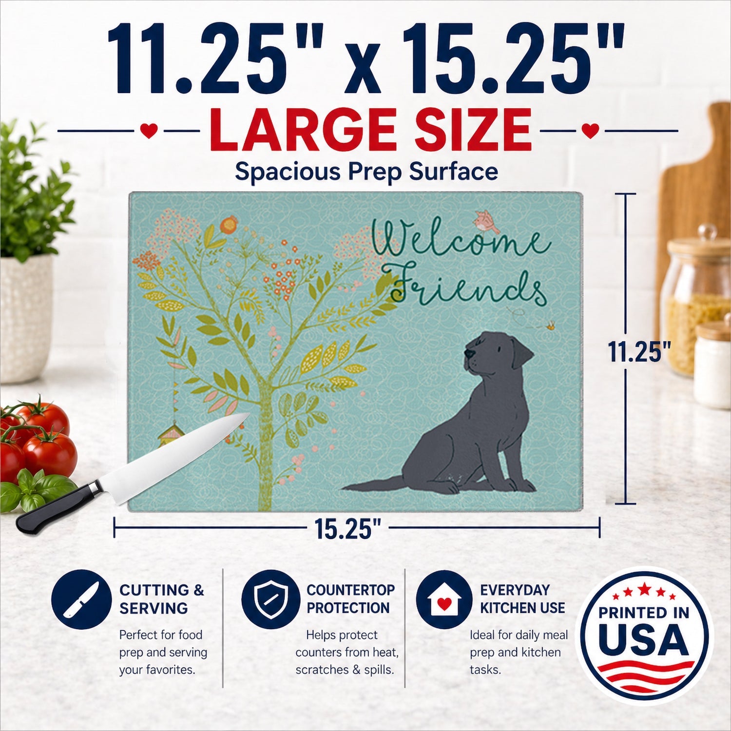Welcome Friends Black Labrador Retriever Cutting Board Tempered Glass Kitchen Cutting Surface, Heat Resistant Chopping, Non-Slip Feet, Food Prep & Serving