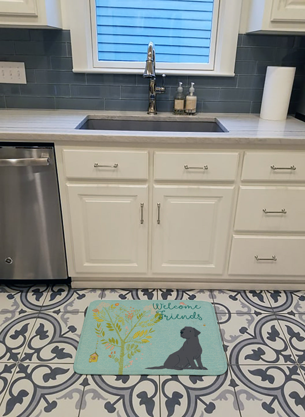 Welcome Friends Black Labrador Retriever Memory Foam Kitchen Mat Machine Washable Anti-Fatigue Cushion Comfort Bath or Kitchen Rug
