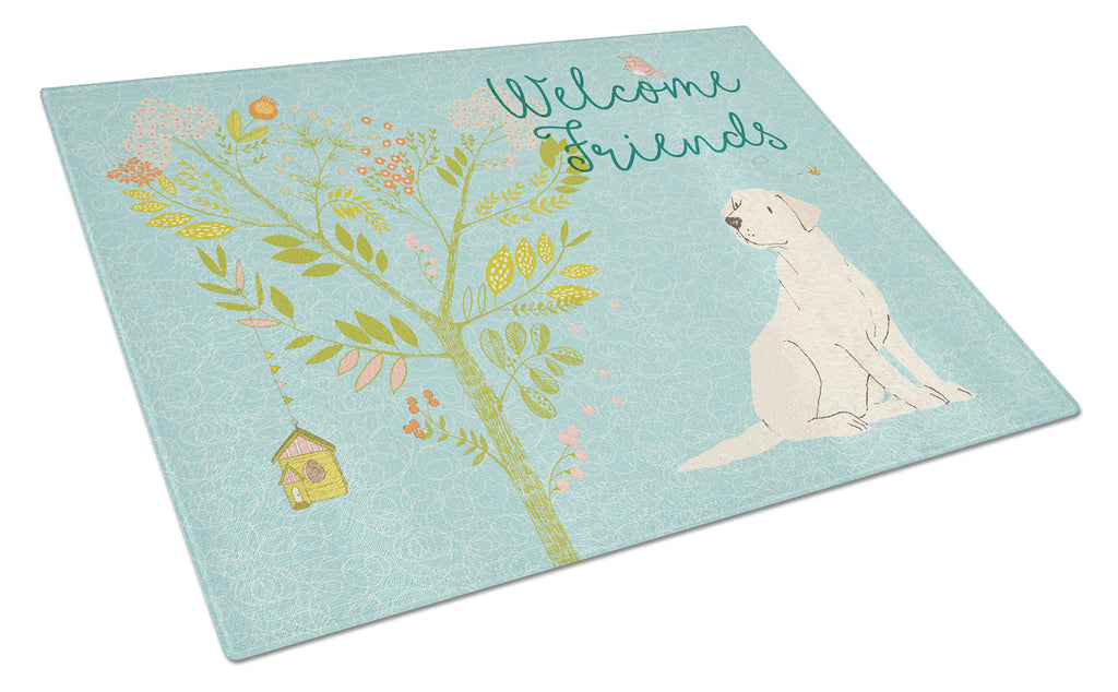 Welcome Friends Yellow Labrador Retriever Cutting Board Tempered Glass Kitchen Cutting Surface, Heat Resistant Chopping, Non-Slip Feet, Food Prep & Serving