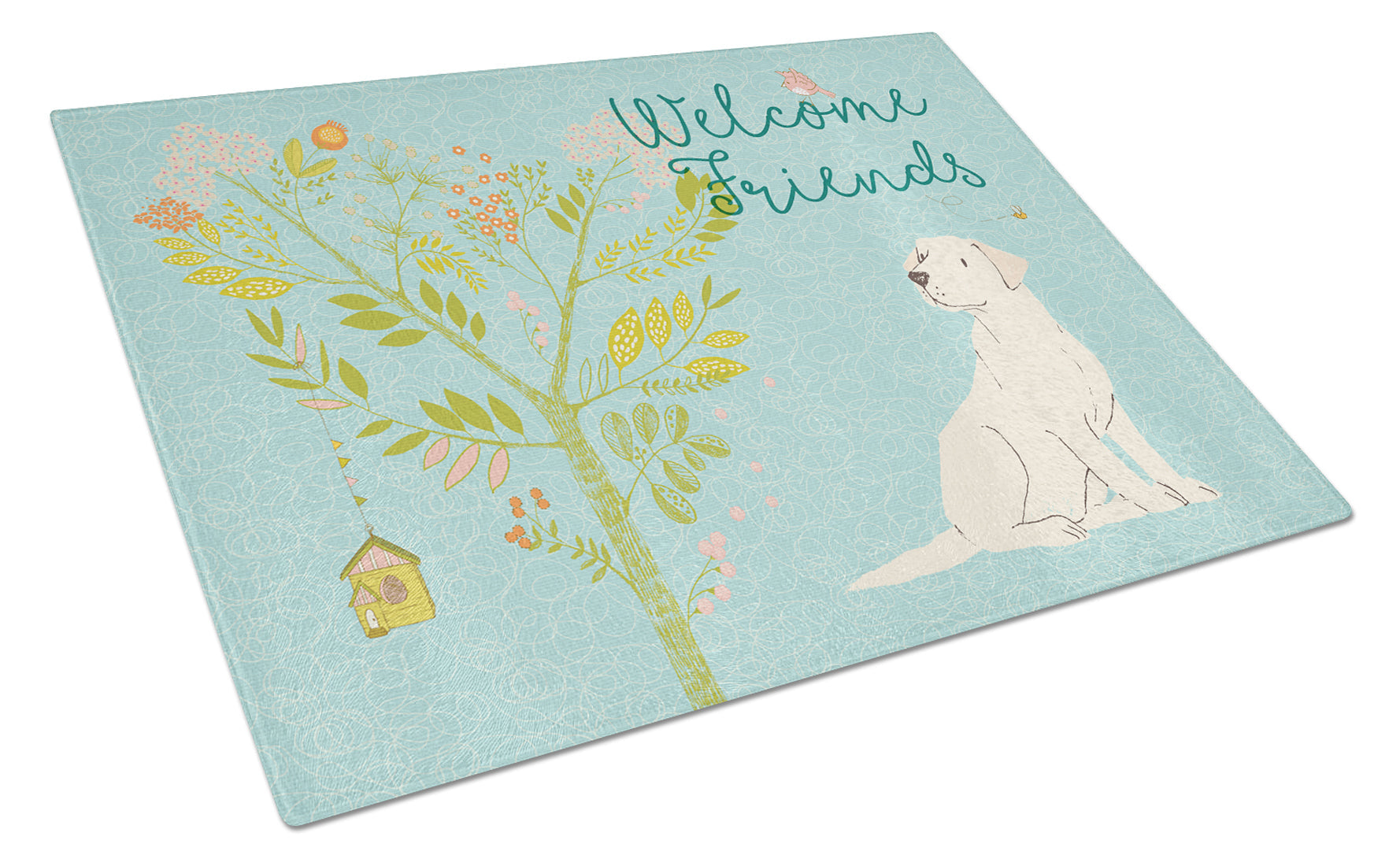 Welcome Friends Yellow Labrador Retriever Cutting Board Tempered Glass Kitchen Cutting Surface, Heat Resistant Chopping, Non-Slip Feet, Food Prep & Serving
