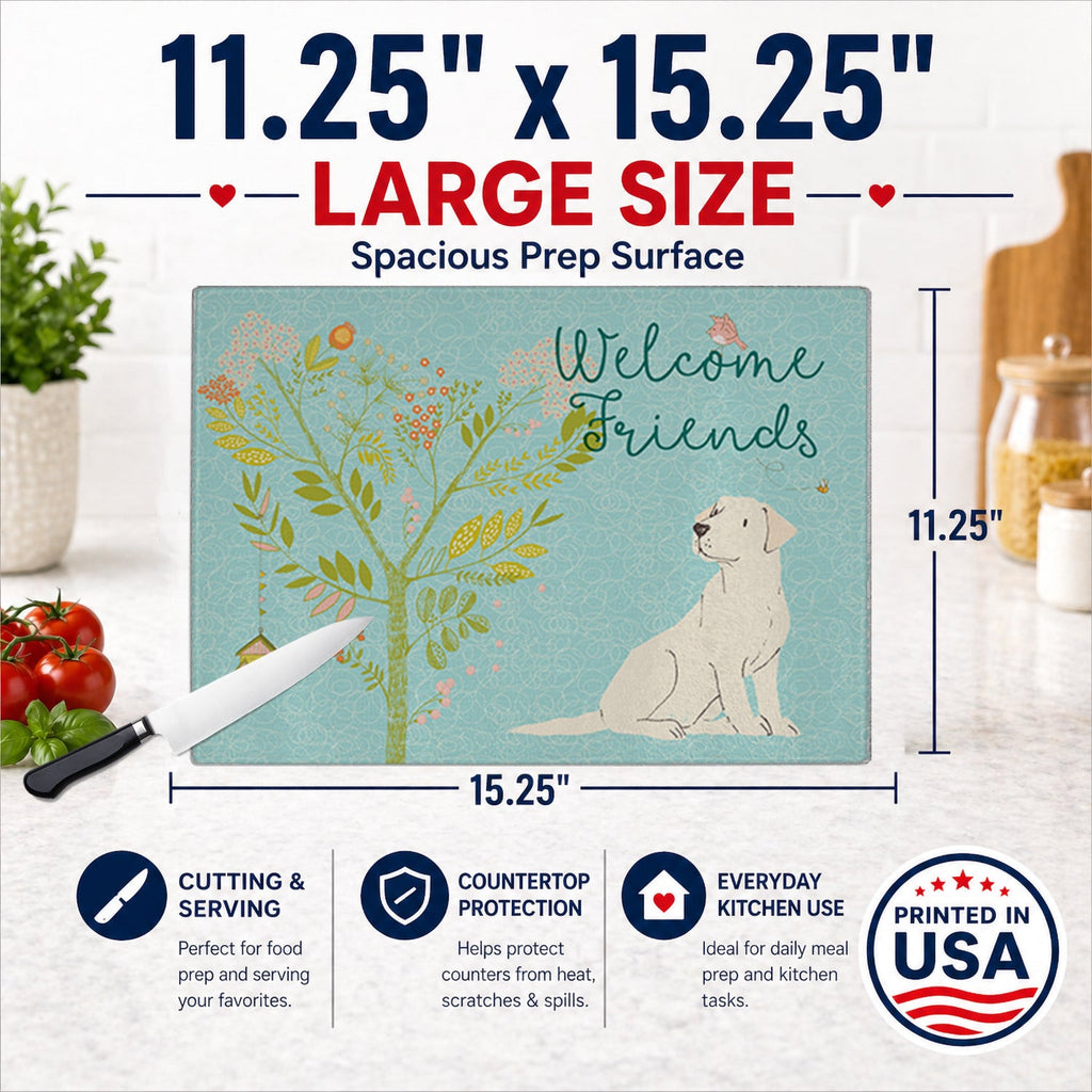 Welcome Friends Yellow Labrador Retriever Cutting Board Tempered Glass Kitchen Cutting Surface, Heat Resistant Chopping, Non-Slip Feet, Food Prep & Serving