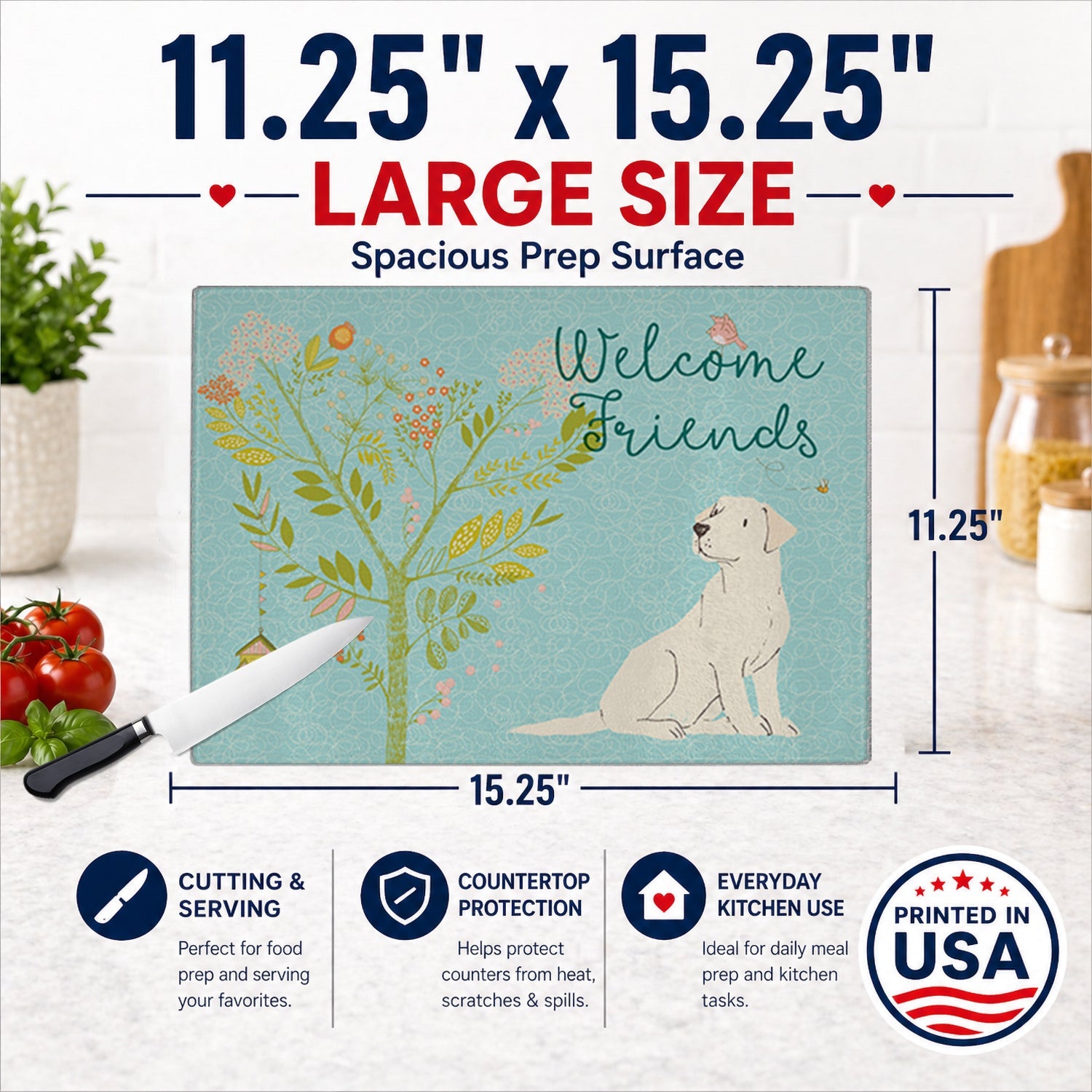 Welcome Friends Yellow Labrador Retriever Cutting Board Tempered Glass Kitchen Cutting Surface, Heat Resistant Chopping, Non-Slip Feet, Food Prep & Serving