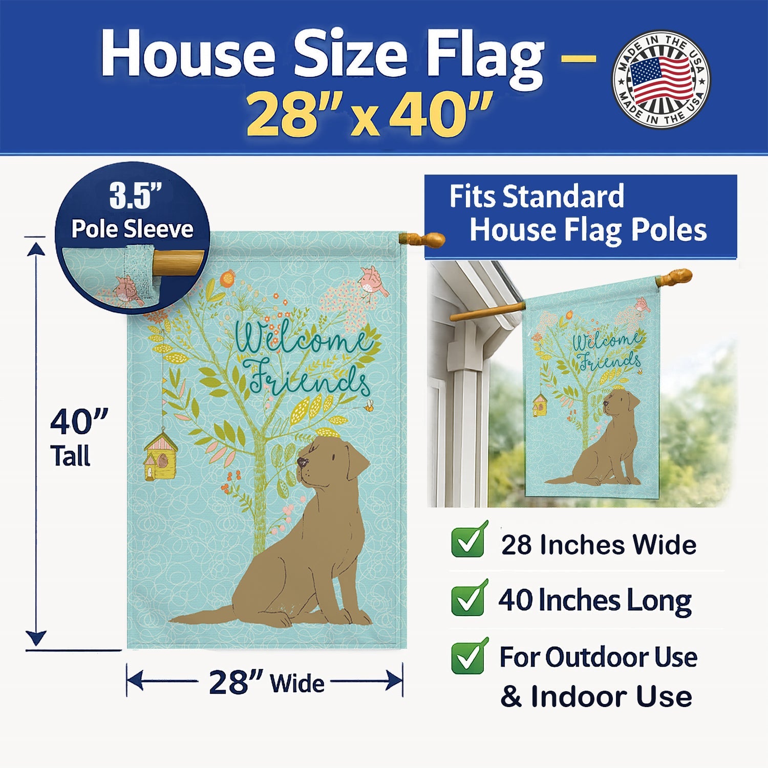 Welcome Friends Chocolate Labrador Retriever House Flag 28x40 Porch Sleeve Pole Decorative Outside Yard Banner Artwork Wall Hanging, Polyester