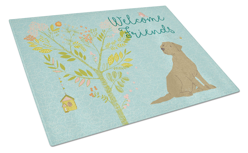 Welcome Friends Chocolate Labrador Retriever Cutting Board Tempered Glass Kitchen Cutting Surface, Heat Resistant Chopping, Non-Slip Feet, Food Prep & Serving