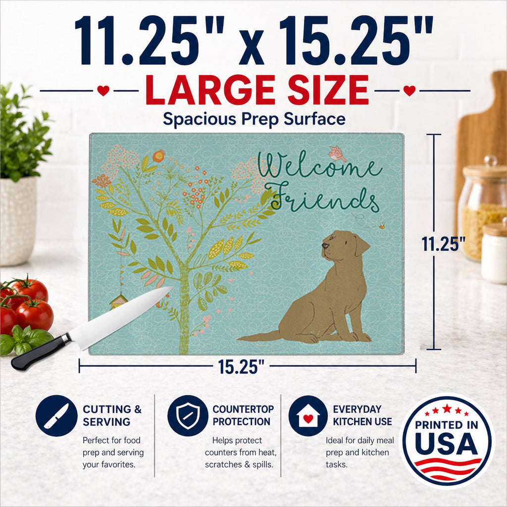 Welcome Friends Chocolate Labrador Retriever Cutting Board Tempered Glass Kitchen Cutting Surface, Heat Resistant Chopping, Non-Slip Feet, Food Prep & Serving