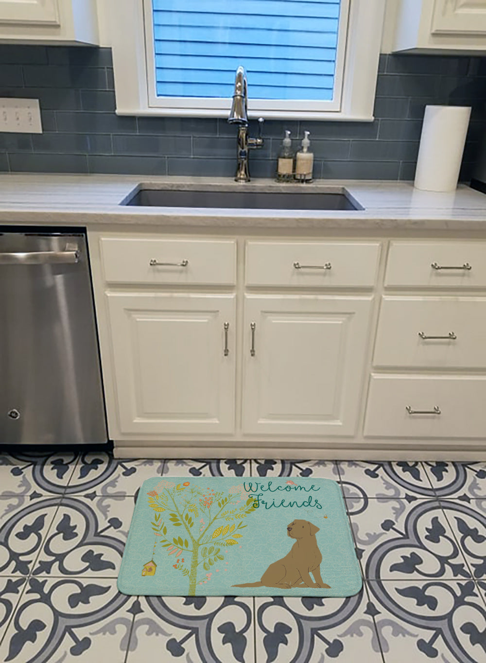 Welcome Friends Chocolate Labrador Retriever Memory Foam Kitchen Mat Machine Washable Anti-Fatigue Cushion Comfort Bath or Kitchen Rug