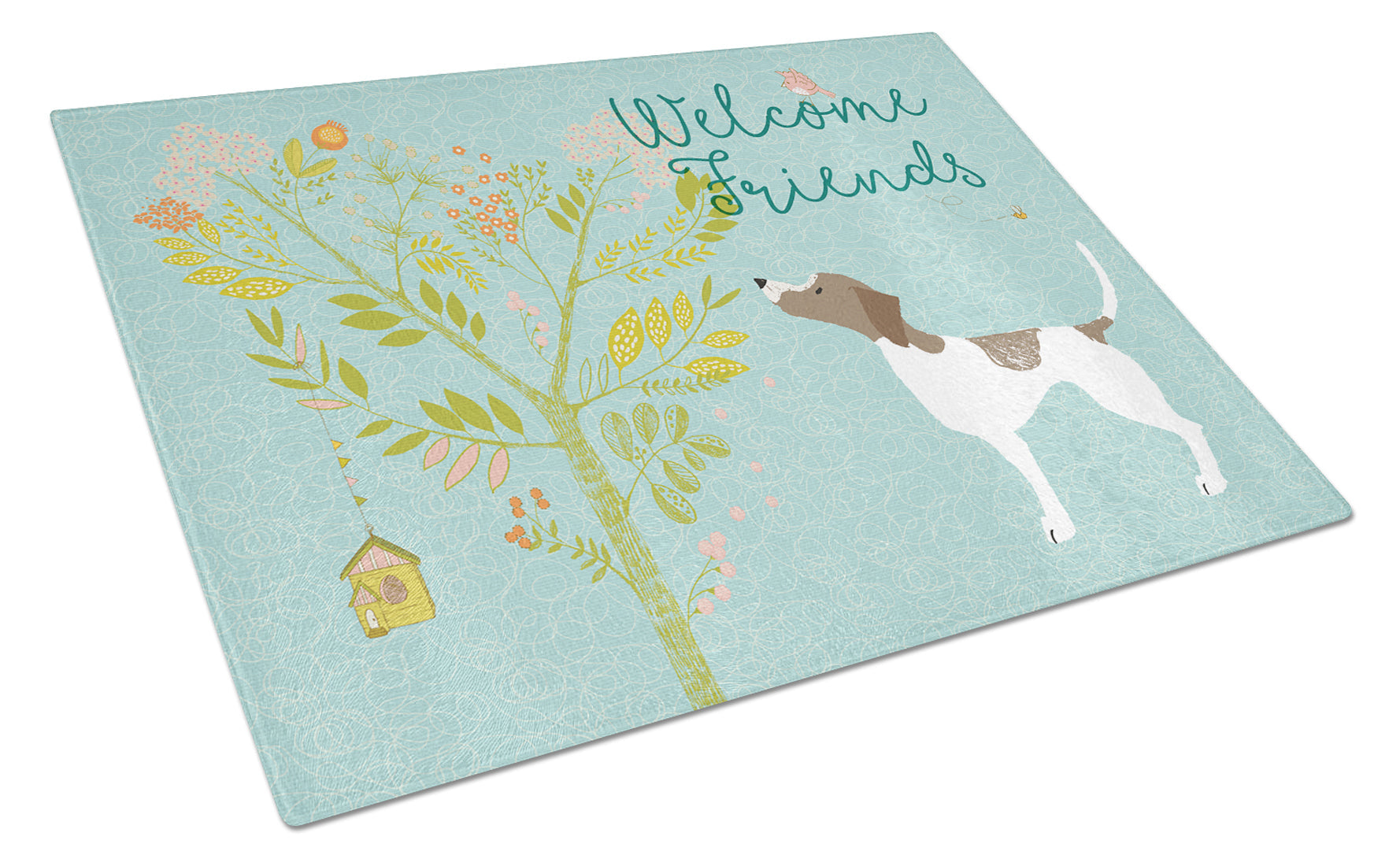 Welcome Friends Pointer Cutting Board Tempered Glass Kitchen Cutting Surface, Heat Resistant Chopping, Non-Slip Feet, Food Prep & Serving