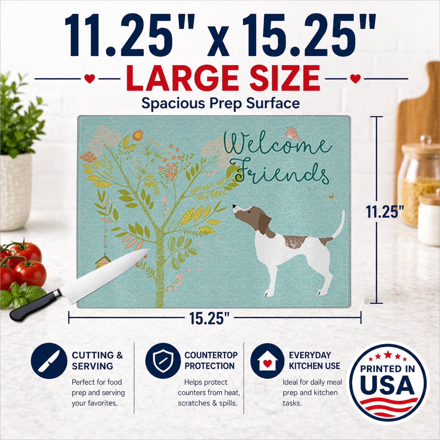 Welcome Friends Pointer Cutting Board Tempered Glass Kitchen Cutting Surface, Heat Resistant Chopping, Non-Slip Feet, Food Prep & Serving