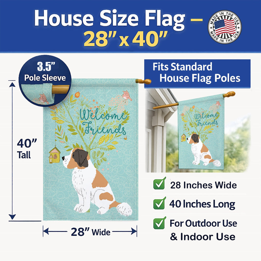Welcome Friends Saint Bernard House Flag 28x40 Porch Sleeve Pole Decorative Outside Yard Banner Artwork Wall Hanging, Polyester