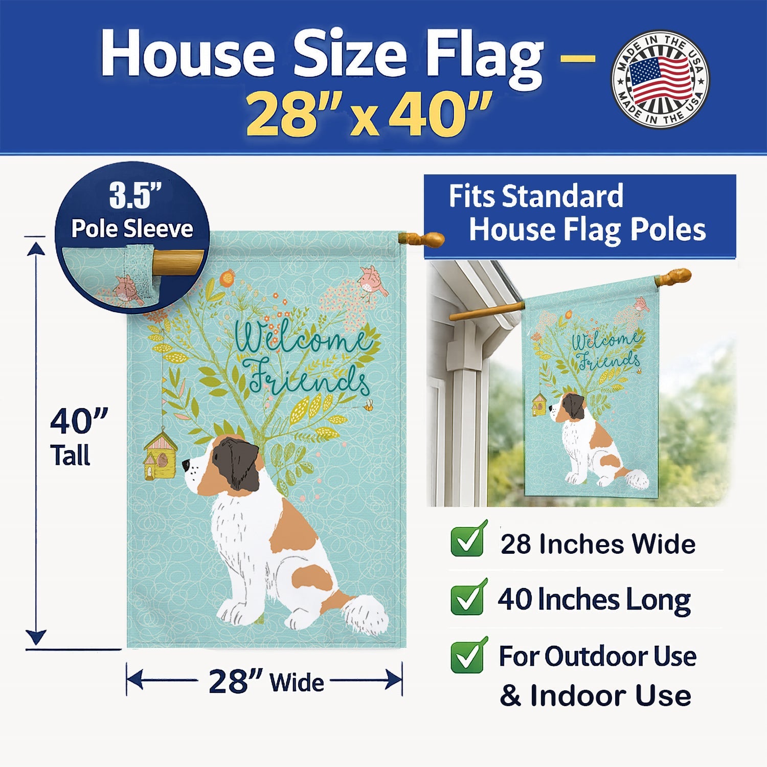 Welcome Friends Saint Bernard House Flag 28x40 Porch Sleeve Pole Decorative Outside Yard Banner Artwork Wall Hanging, Polyester