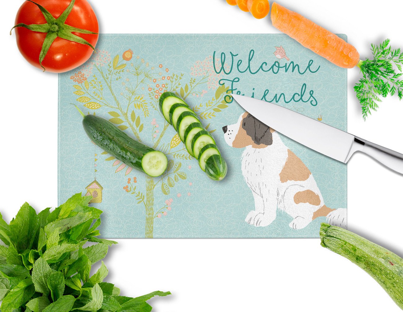 Welcome Friends Saint Bernard Cutting Board Tempered Glass Kitchen Cutting Surface, Heat Resistant Chopping, Non-Slip Feet, Food Prep & Serving