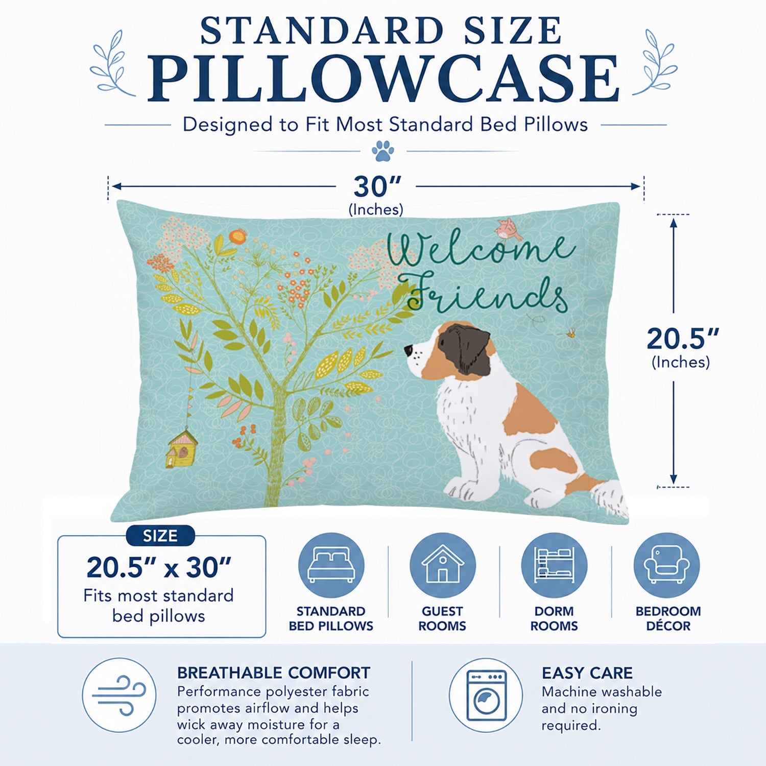 Welcome Friends Saint Bernard Standard Pillowcase Lightweight Super Soft Easy Care Decorative Artwork Pillowcase, Standard